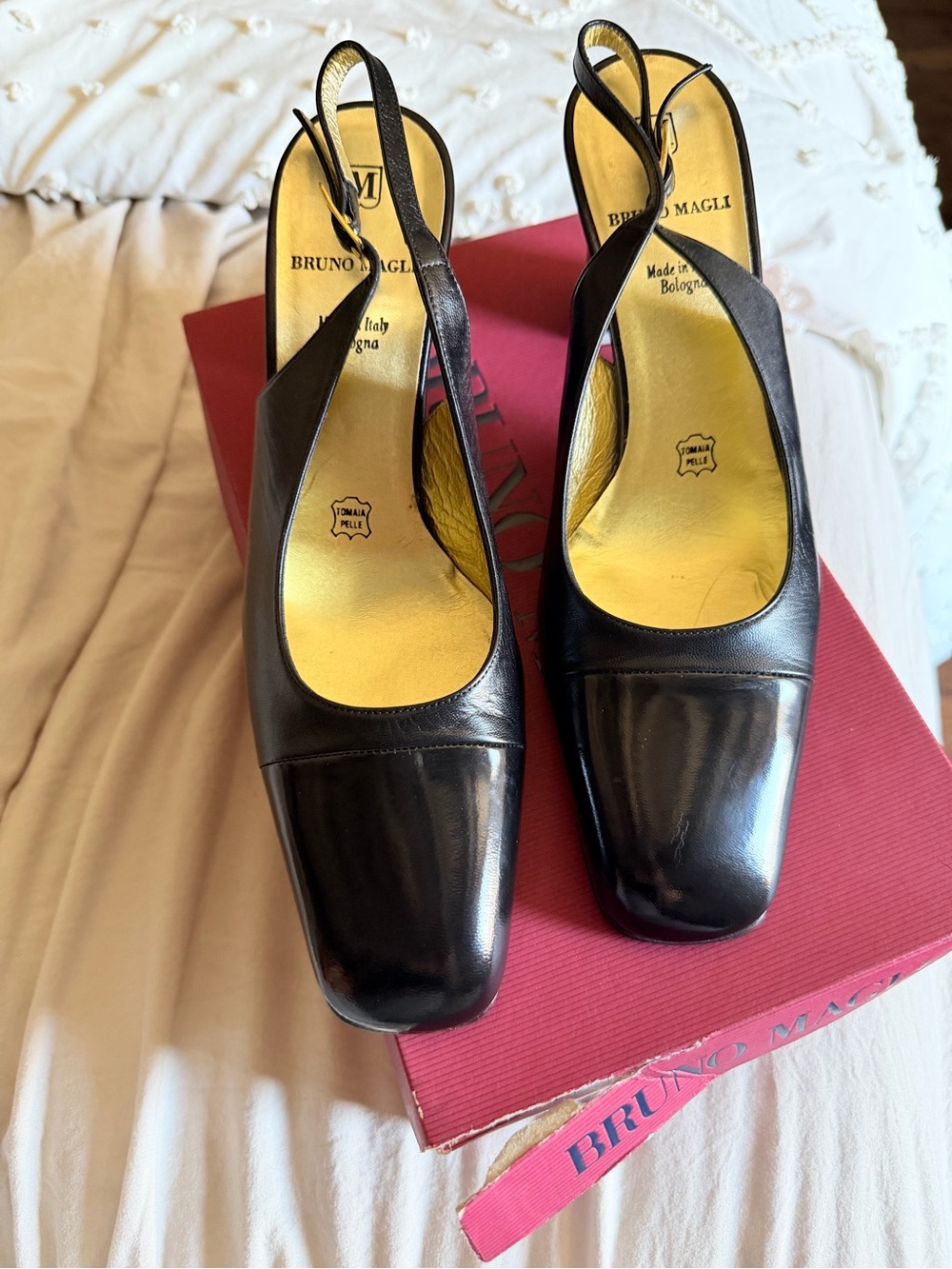 Bruno Magli Black Leather Slingback Pumps with Square Toe